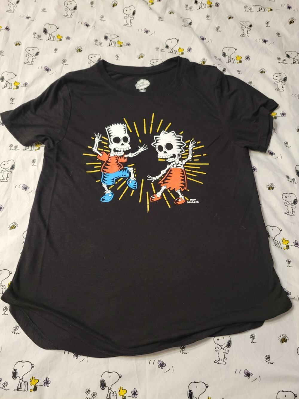 The Simpsons Skeleton Bart Lisa Halloween T-Shirt JUNIORS Fitted BLACK ELECTRIC